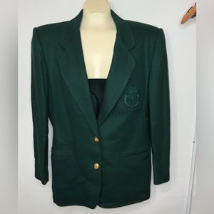 VTG CCF Women's Sz 14 100% Merino Wool Green  Gold Buttons Crest Blazer Jacket
